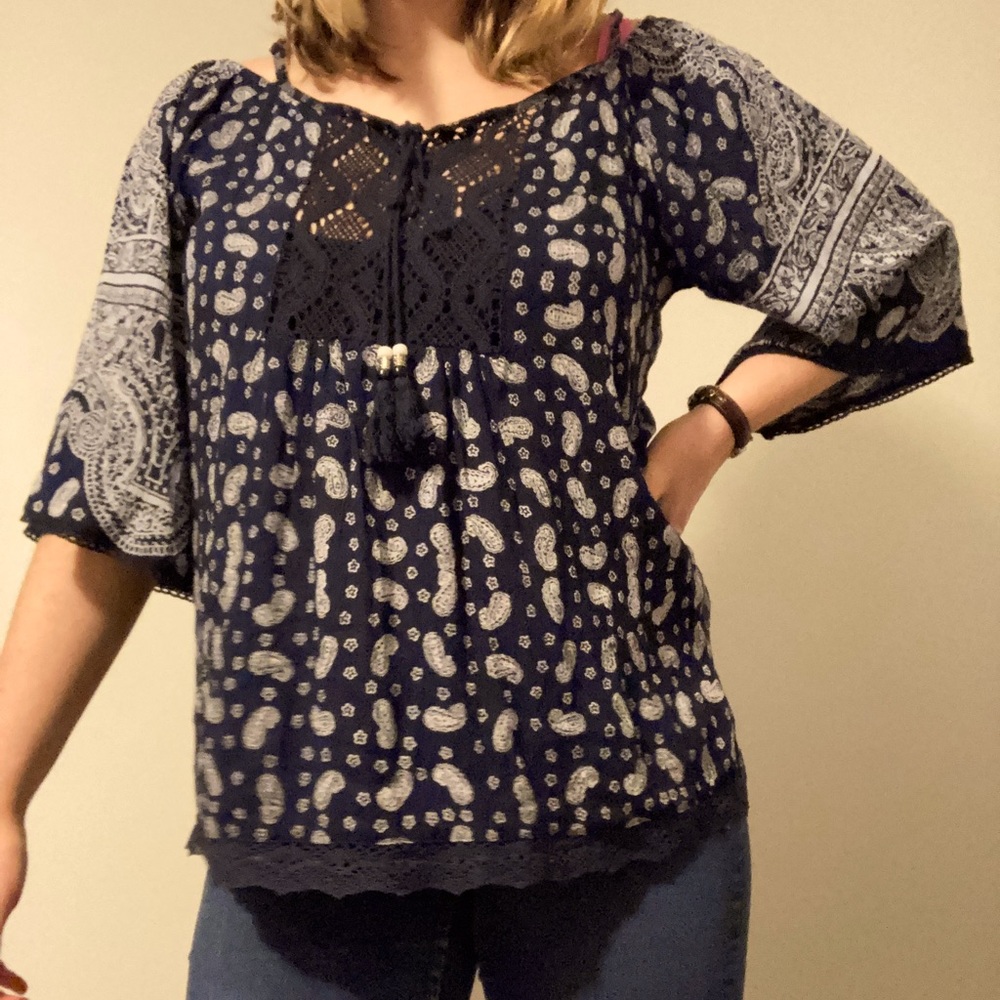 Angie 70s Inspired Blue Blouse Paisley Design